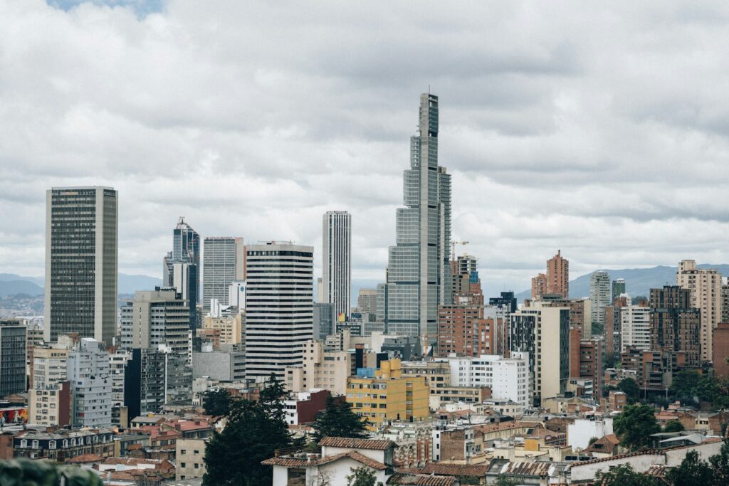 High-rise buildings in Bogotá, Colombia — representative of the modern urban lifestyle available to US expats living on $2,000 a month in Latin America